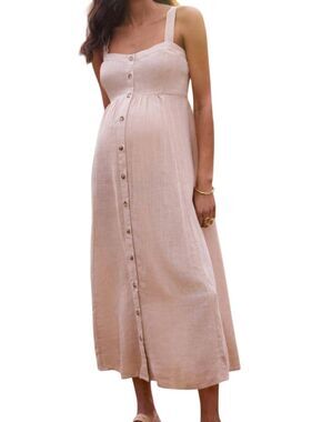 NWT Seraphine Dress Women's 10 Maternity Nursing Beige Button Front Midi Linen